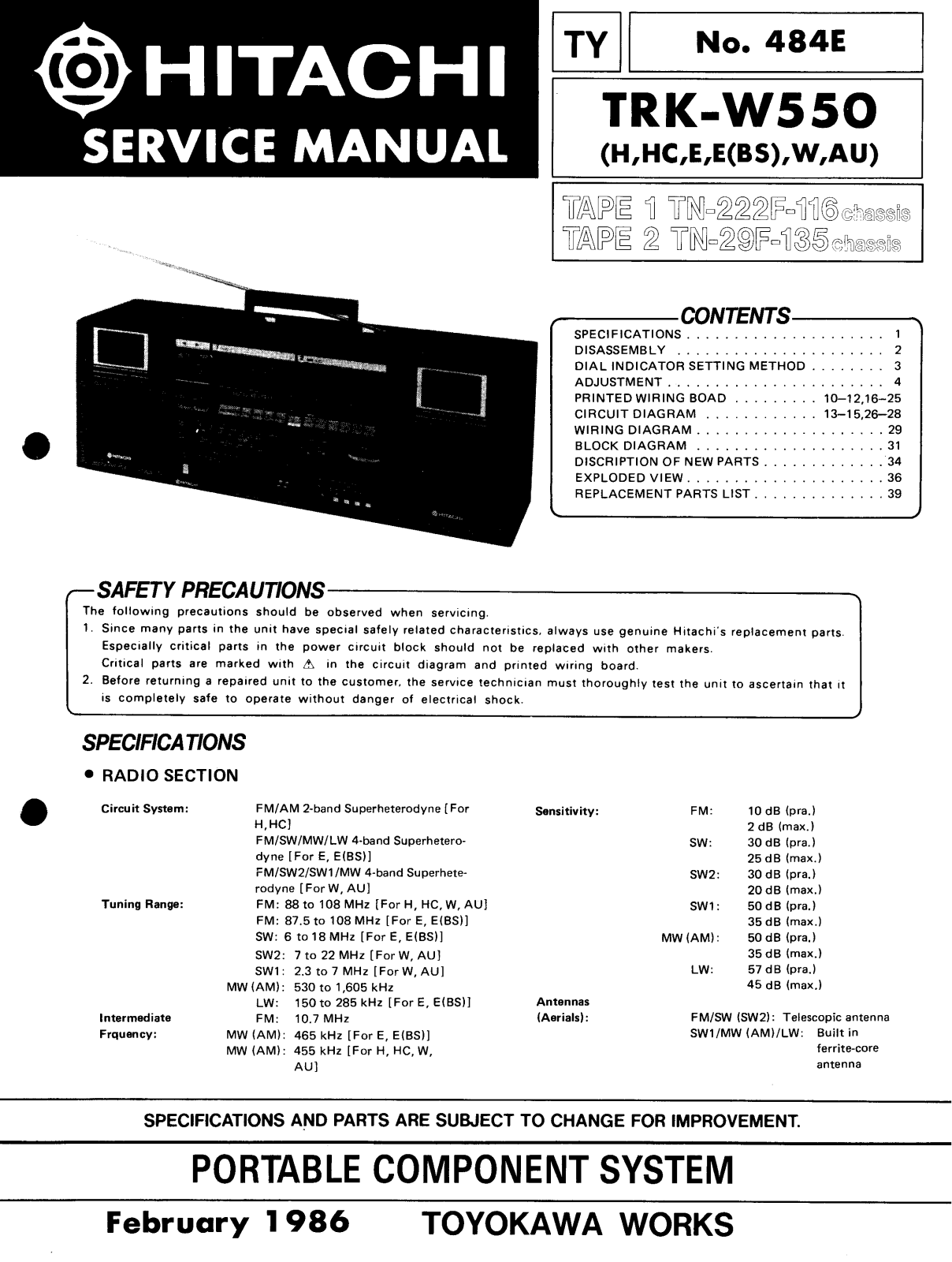 Hitachi TRK-W550 Service Manual