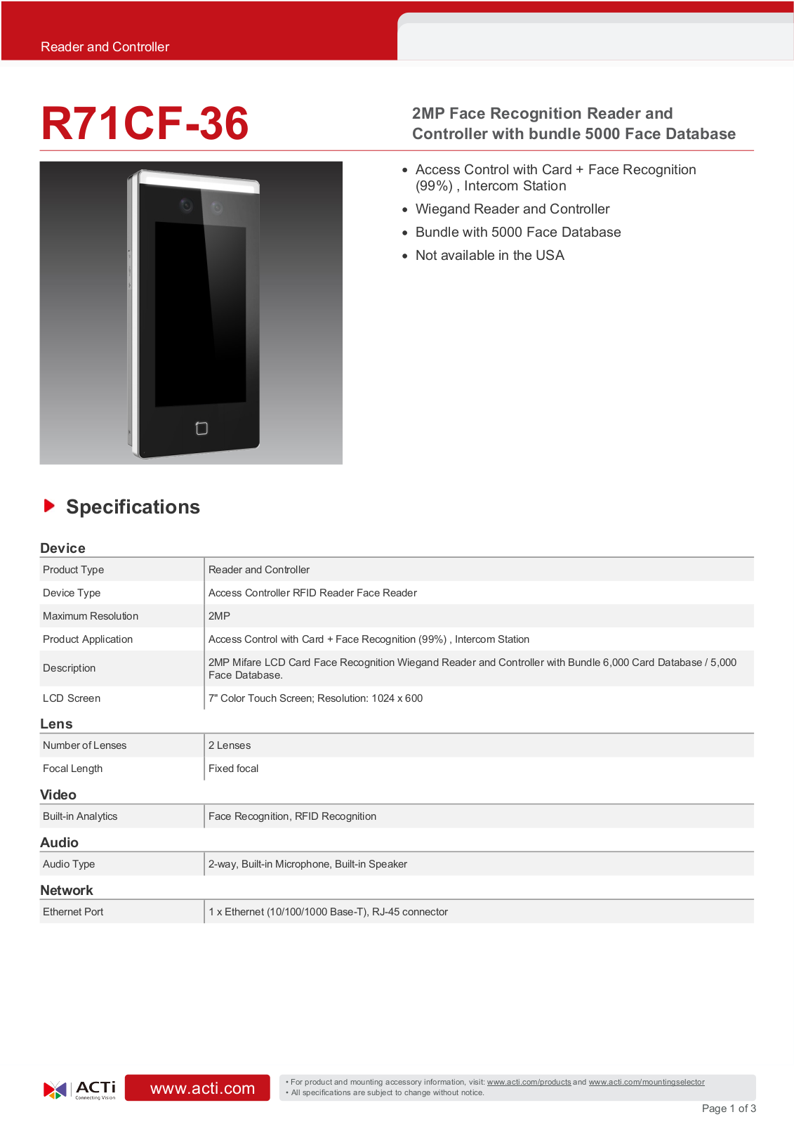 ACTi R71CF-36 Specsheet