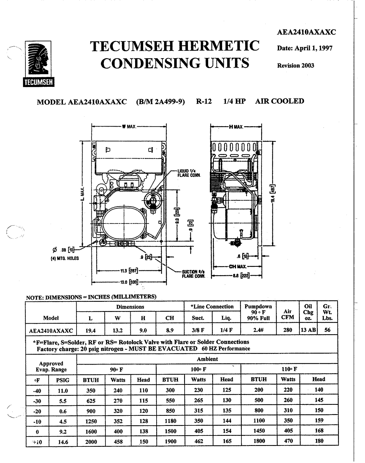 Tecumseh AEA2410AXAXC Performance Data Sheet