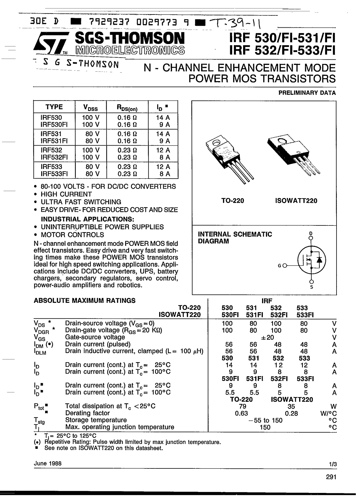 SGS Thomson Microelectronics IRF530F1, IRF533F1, IRF533, IRF532F1, IRF532 Datasheet