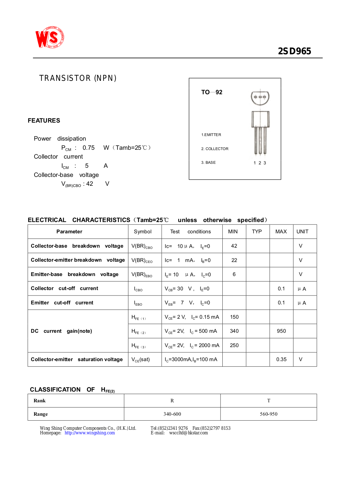 Wing Shing Electronic Co    manufacturer of power semiconductors 2SD965 Datasheet