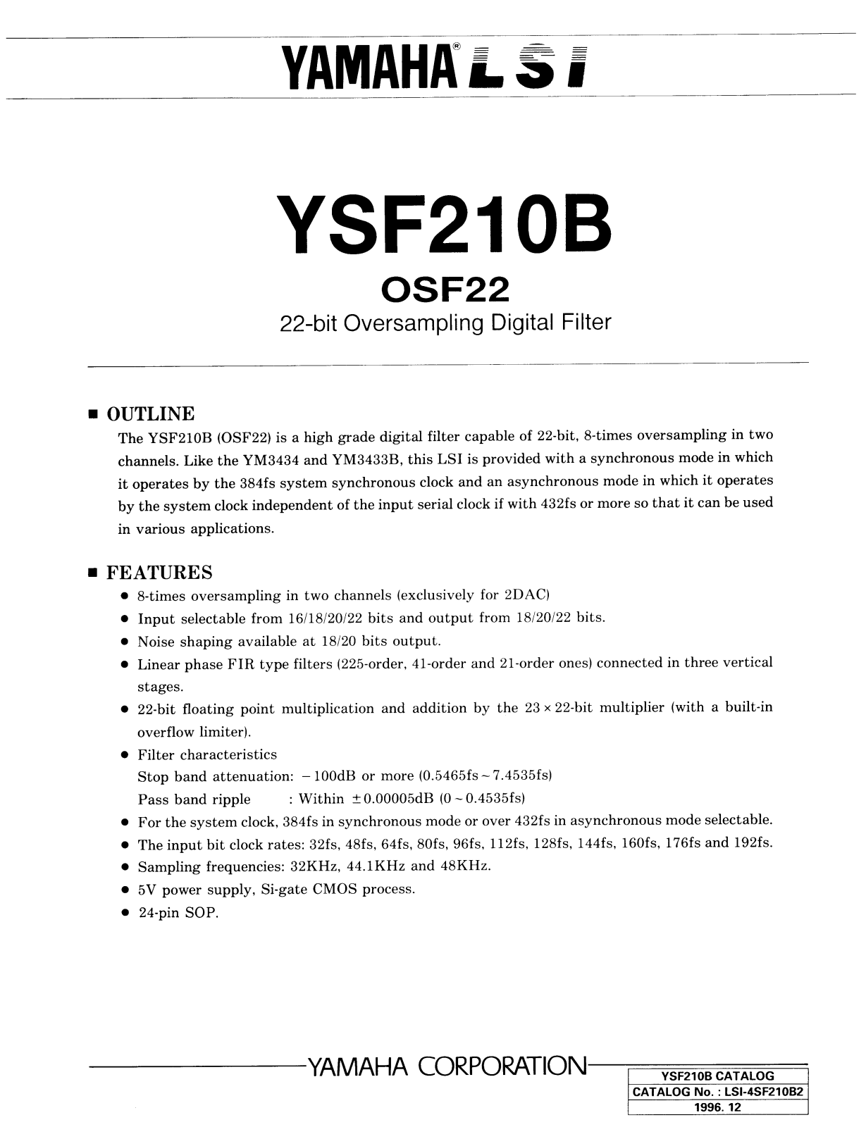 YAMAHA YSF210B Datasheet