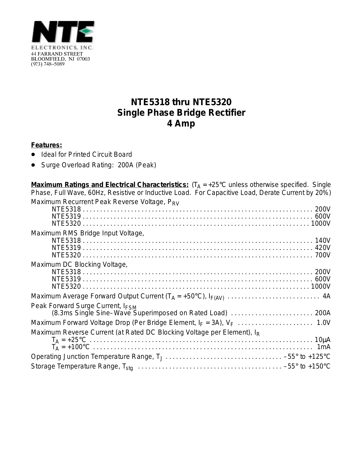 Datasheet NTE5320, NTE5318 Datasheet (NTE) - ManualMachine.com