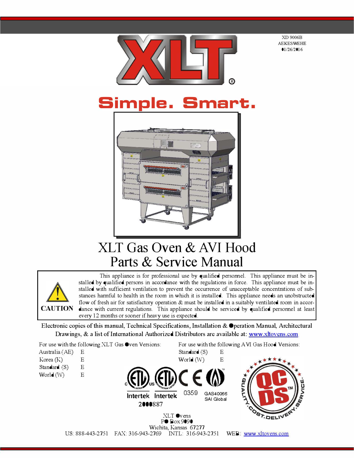 XLT Ovens XLT Gas Oven, AVI Hood Service Manual