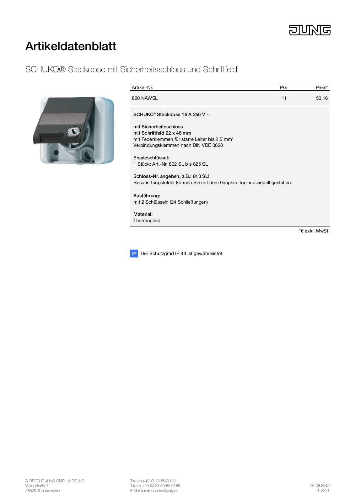 Jung 820 NAWSL User Manual