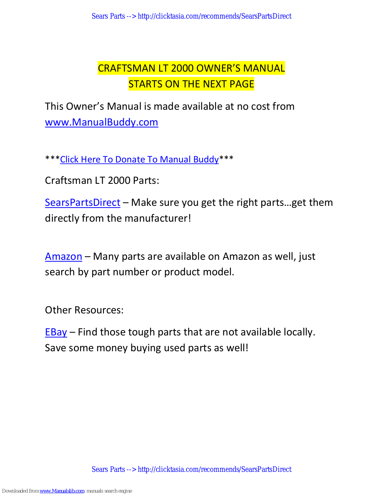 Crafstman LT 2000, DLT 2000, 247.288851 Operator's Manual - ManualMachine.com
