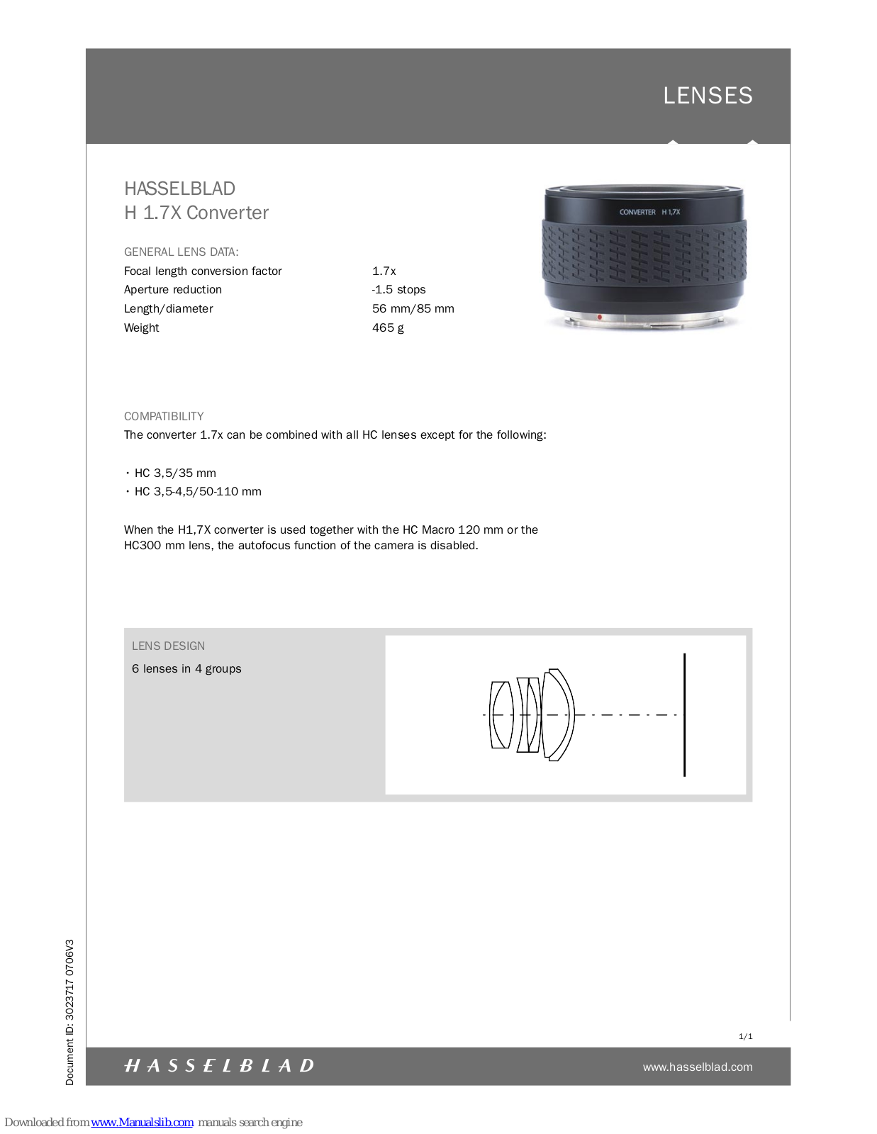 Hasselblad Converter H 1.7X Specification Sheet - ManualMachine.com