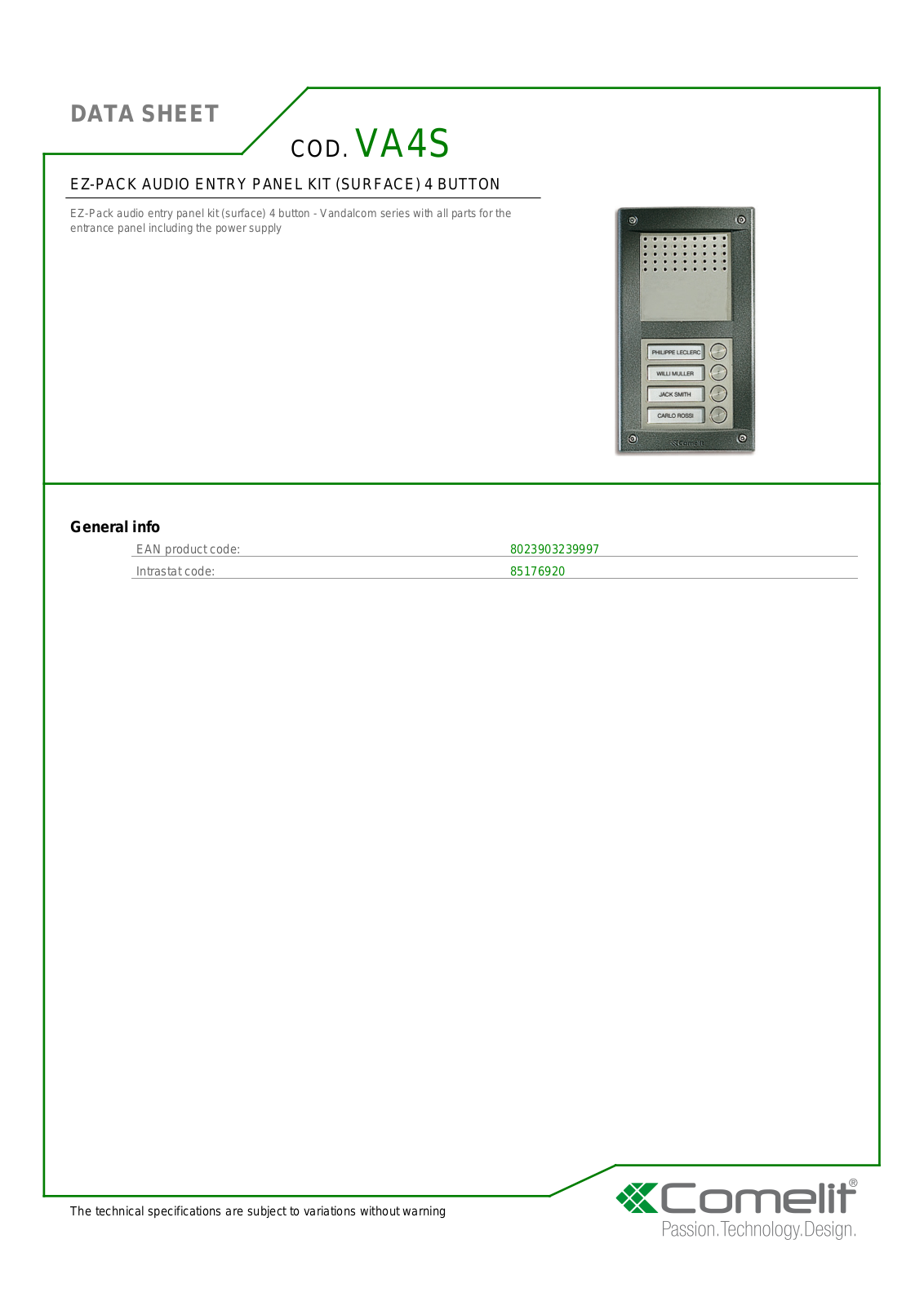 Comelit VA4S Specsheet