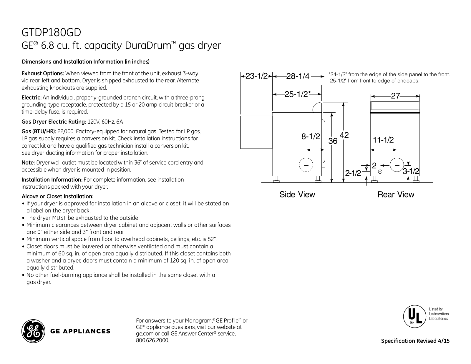 GE GTDP180GD Specification