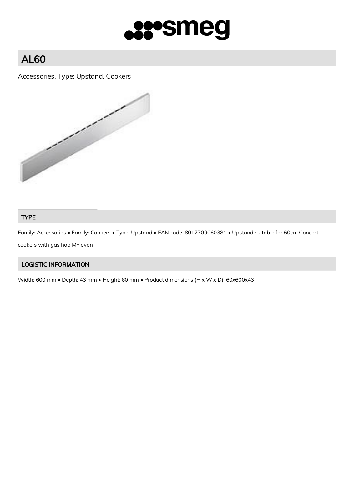 Smeg AL60 Technical sheet