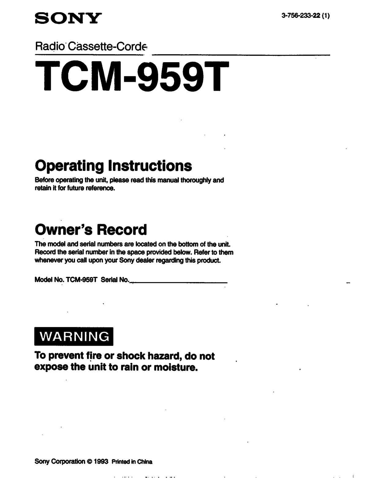 Sony TC-M959T User Manual