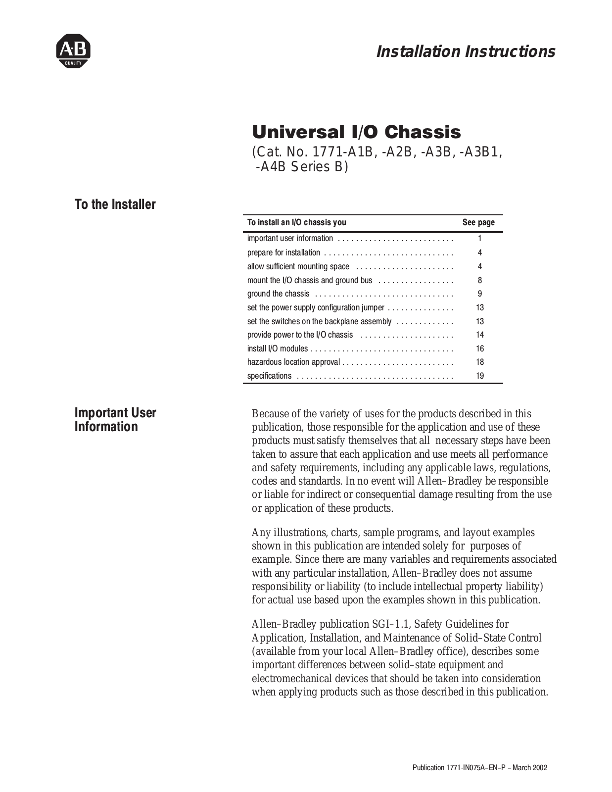 Rockwell Automation 1771-A1B, 1771-A2B, 1771-A3B, 1771-A3B1, 1771-A4B User Manual