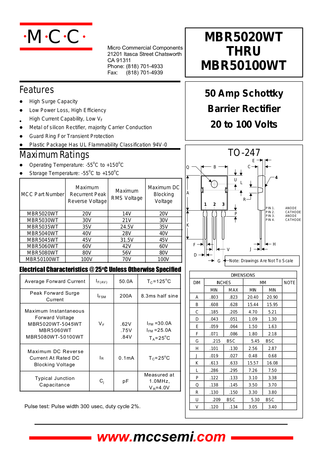 MCC MBR5060WT, MBR5035WT, MBR5040WT, MBR5045WT, MBR5020WT Datasheet