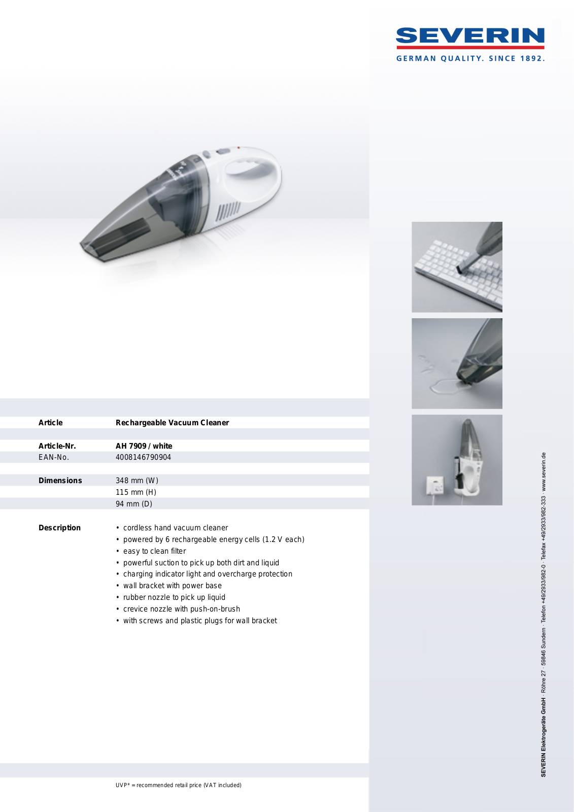 Severin RECHARGEABLE VACUUM CLEANER, AH 7909 User Manual