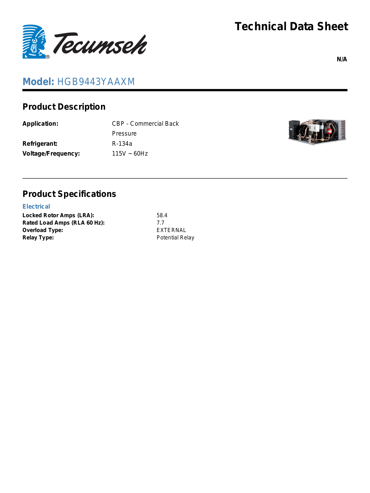 Tecumseh HGB9443YAAXM Technical Data Sheet