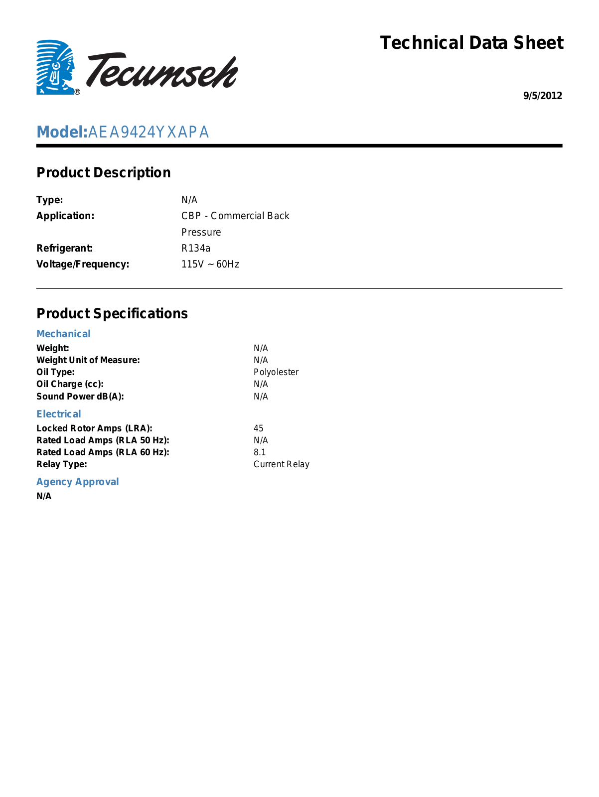 Tecumseh AEA9424YXAPA User Manual