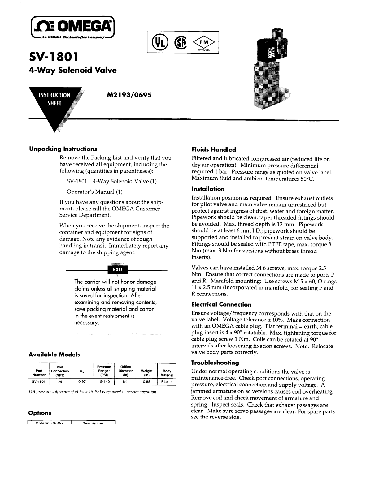 Omega Products SV-1801 Installation  Manual