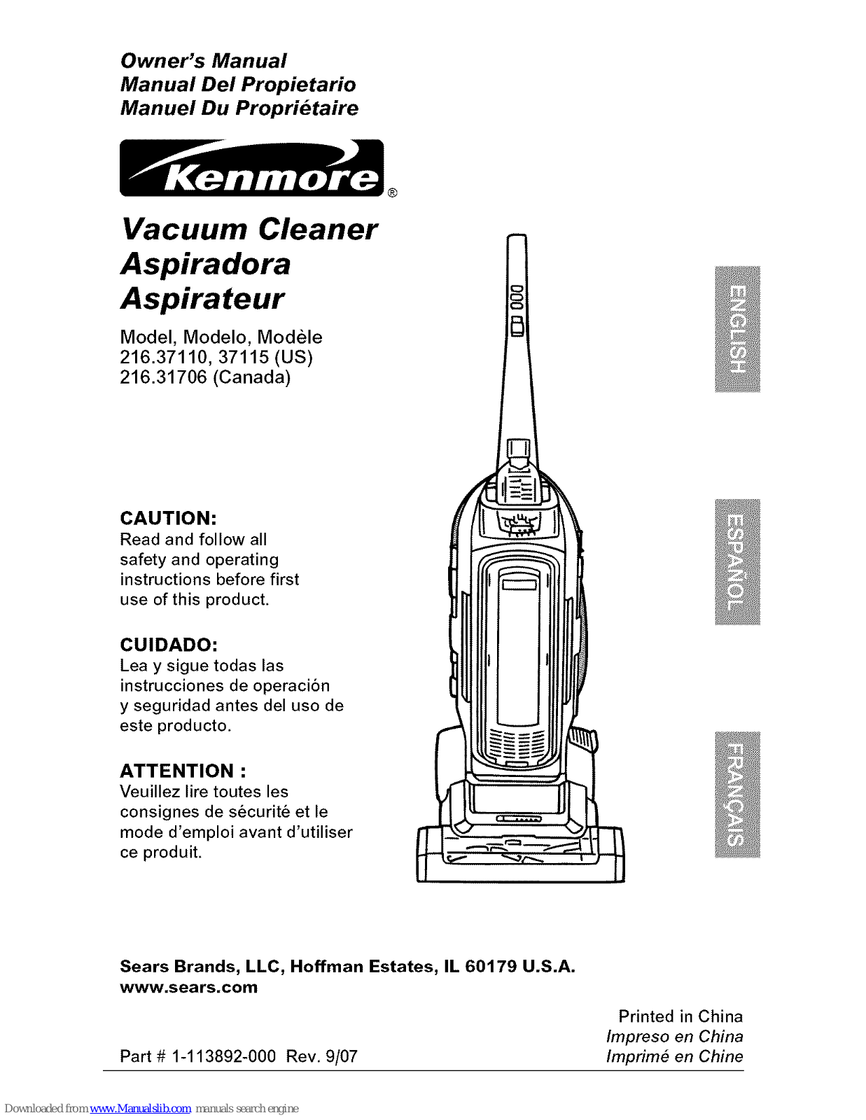 Kenmore 37115 - Bagged Upright, Tan, 3711 - Java Lava Upright Vacuum, 216.37110, 216.37115 Owner's Manual - ManualMachine.com