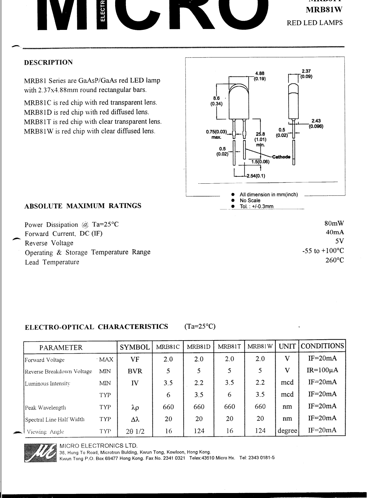 MICRO MRB81T, MRB81D, MRB81C, MRB81W Datasheet