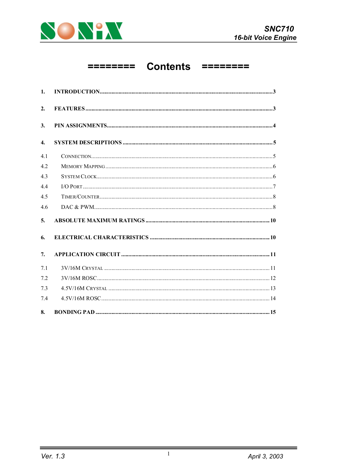 SONIX SNC710 Datasheet