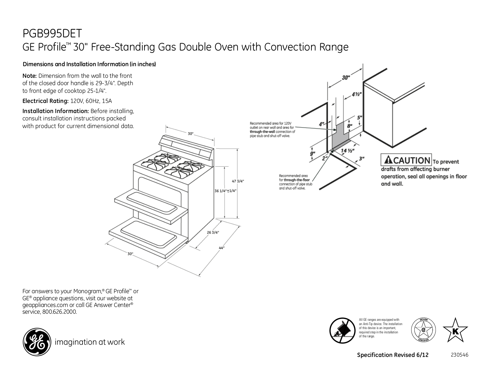 GE PGB995DET Specification