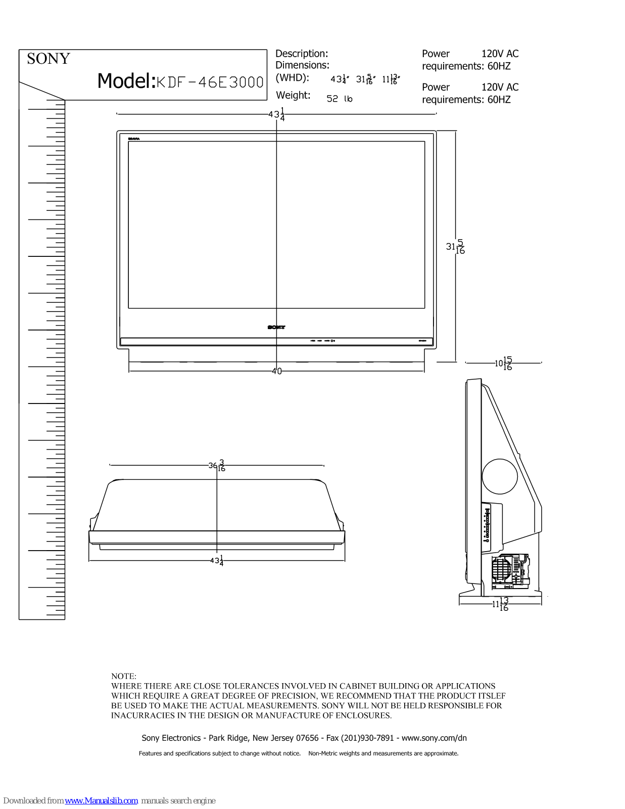 Sony BRAVIA KDF-46E3000 Specifications - ManualMachine.com