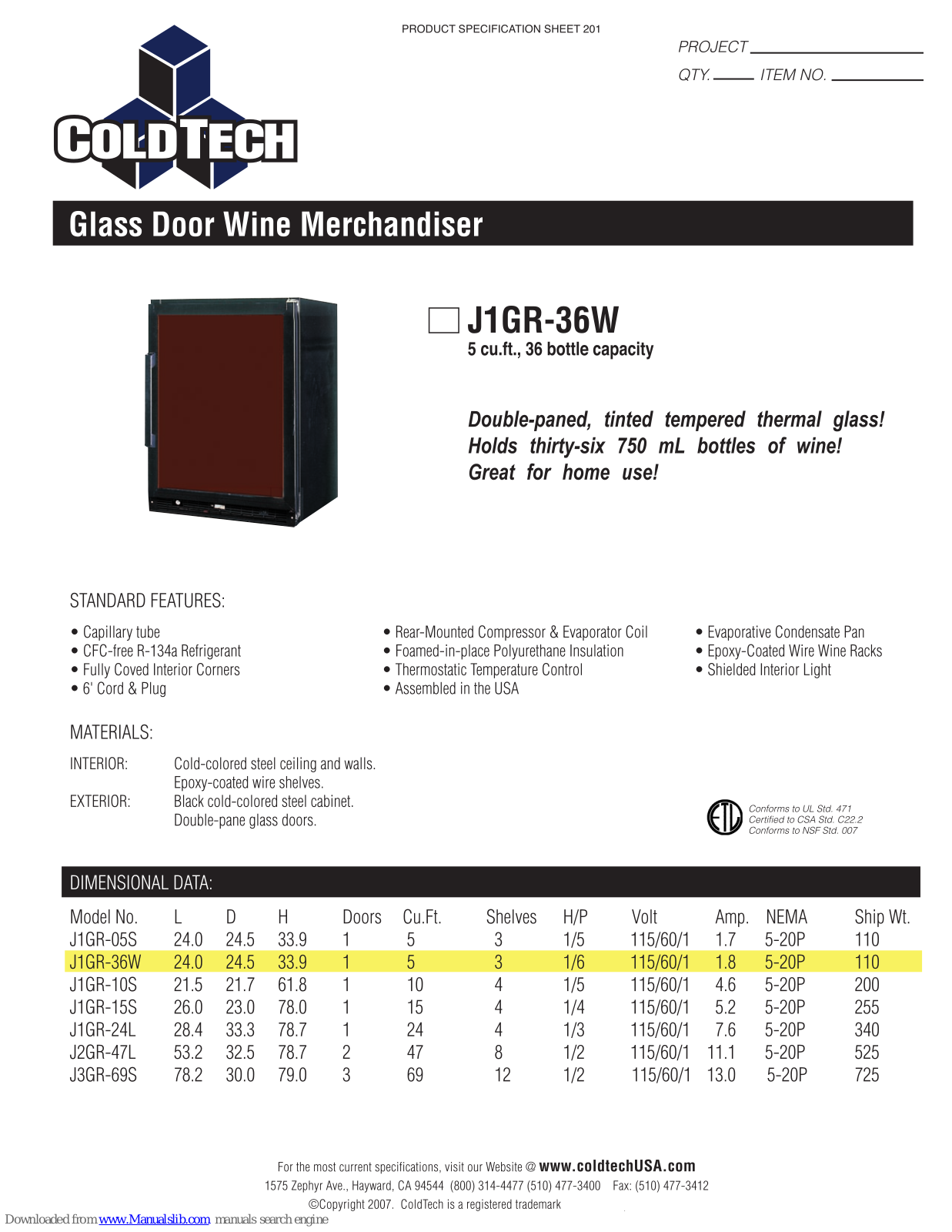 ColdTech J1GR-36W Specifications - ManualMachine.com