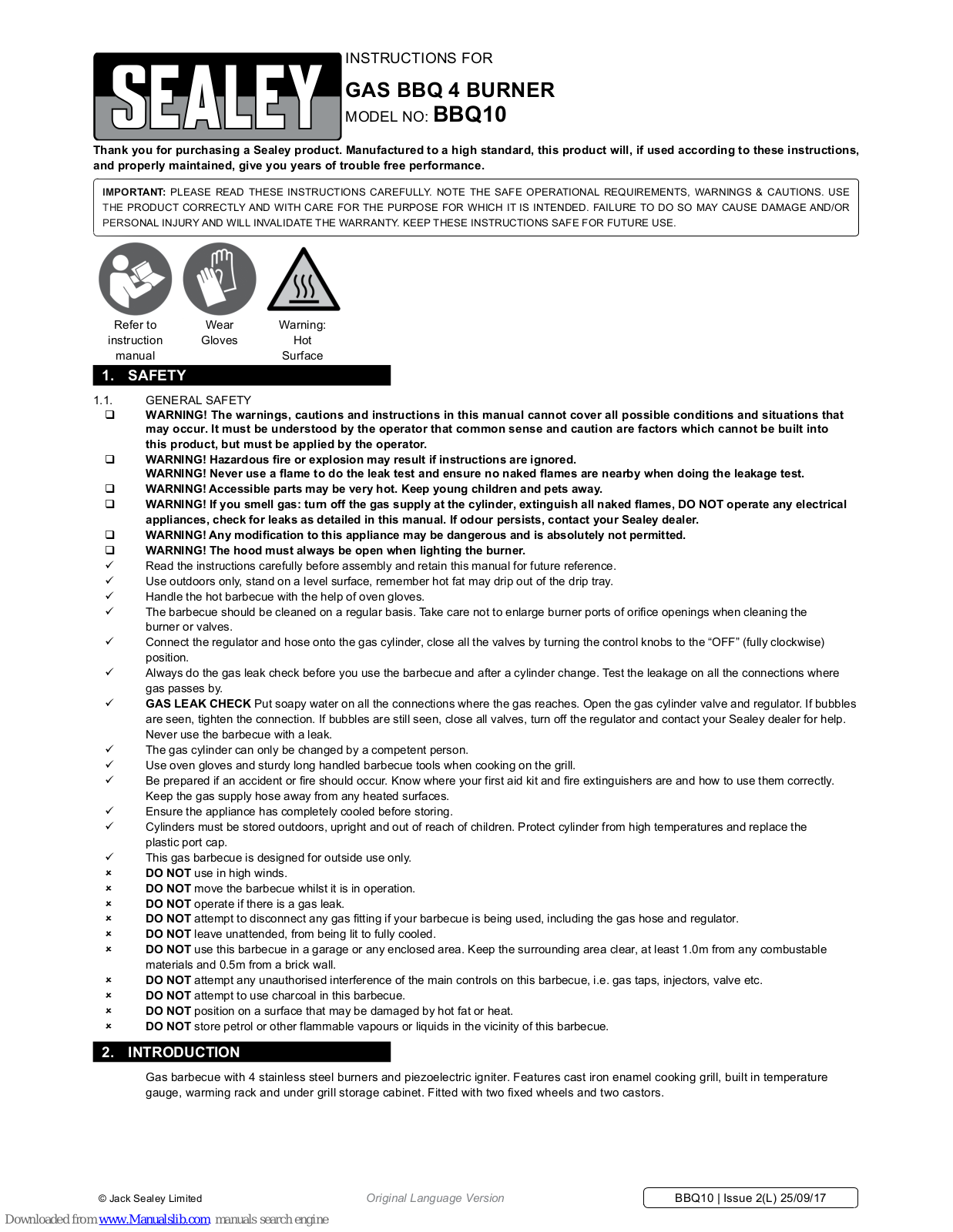 Sealey BBQ10 Instructions Manual