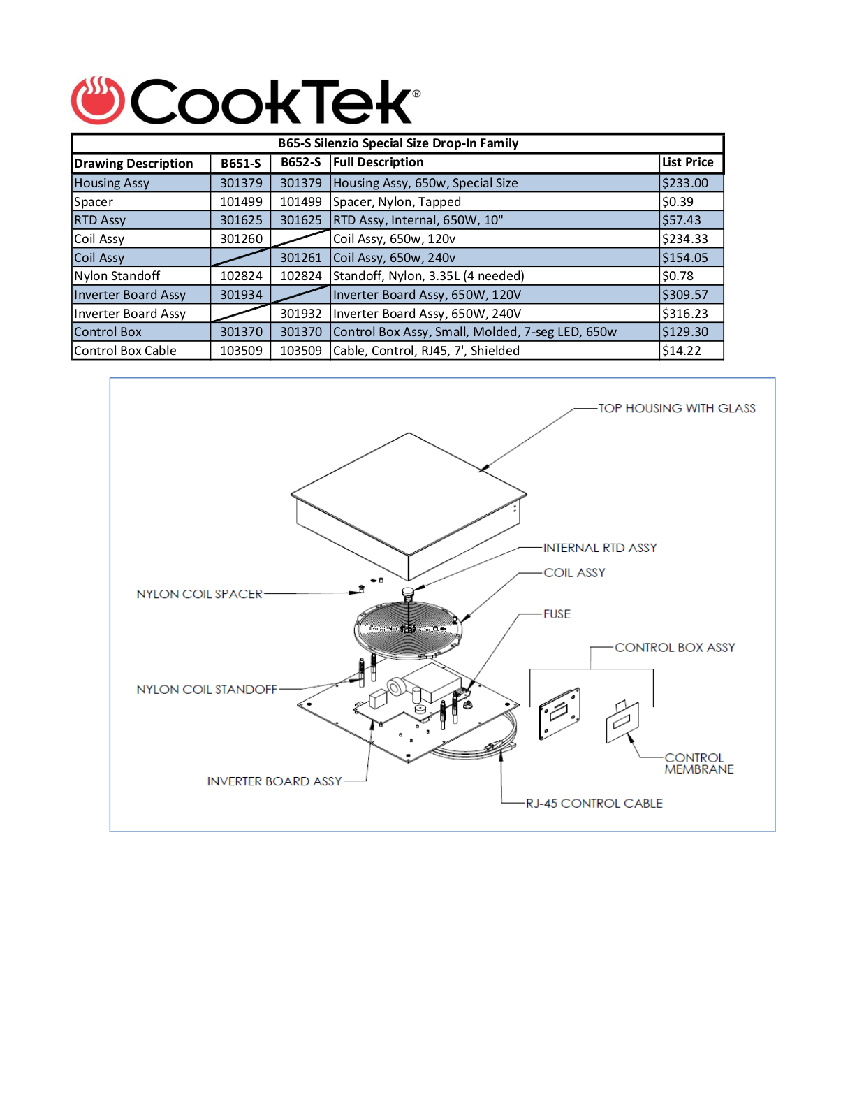 Cooktek B651-S Parts List