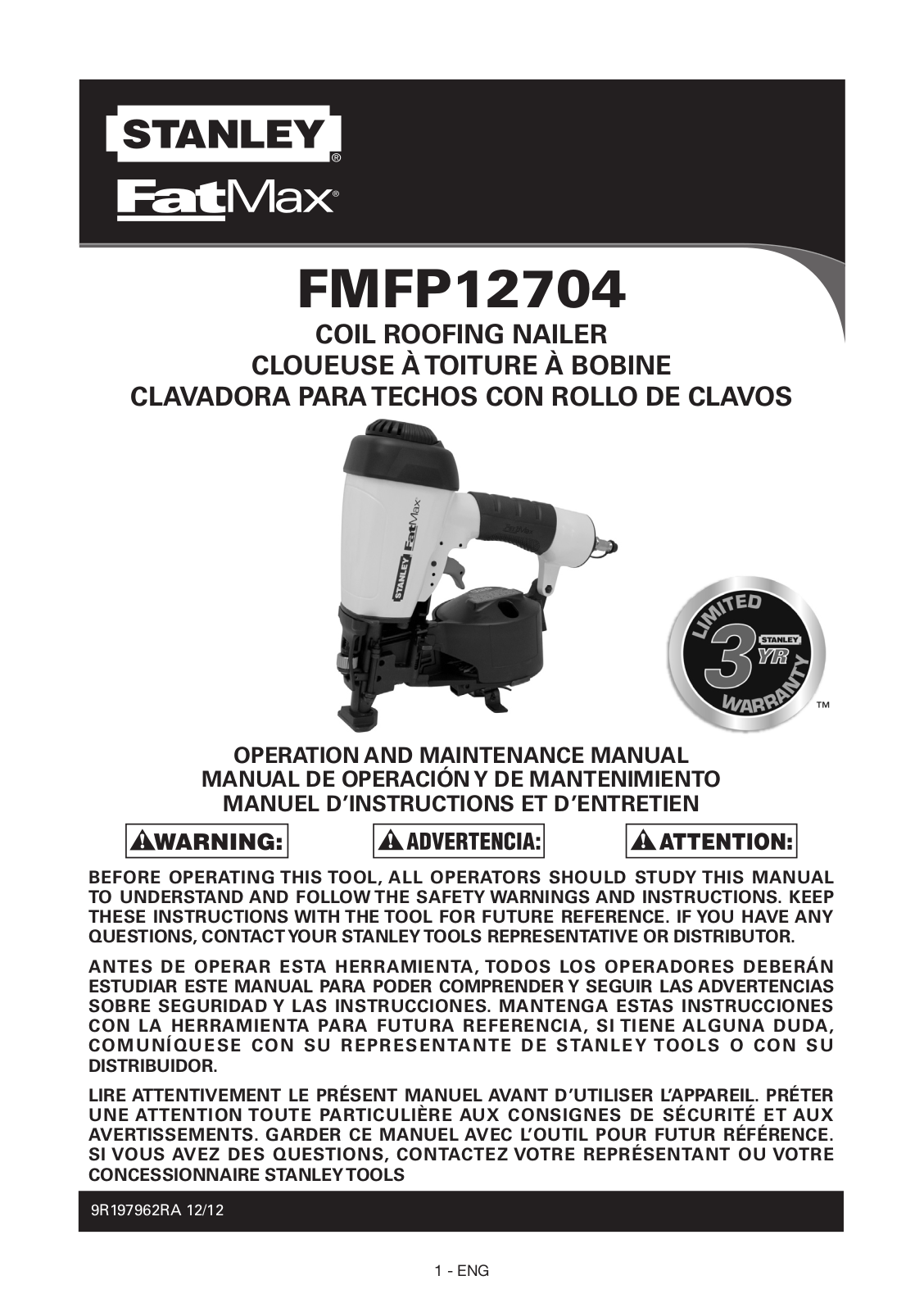 Stanley FMFP12704 Operation And Maintenance Manual