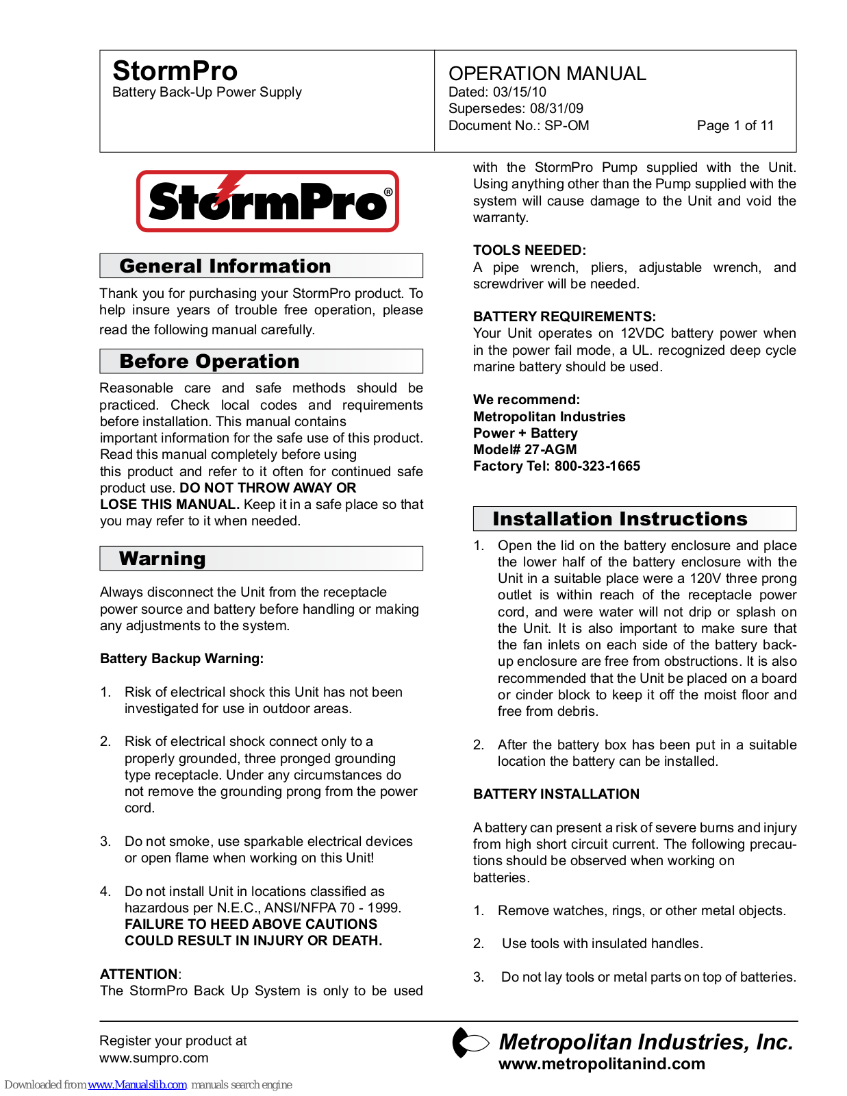 StormPro 27-AGM Operation Manual - ManualMachine.com