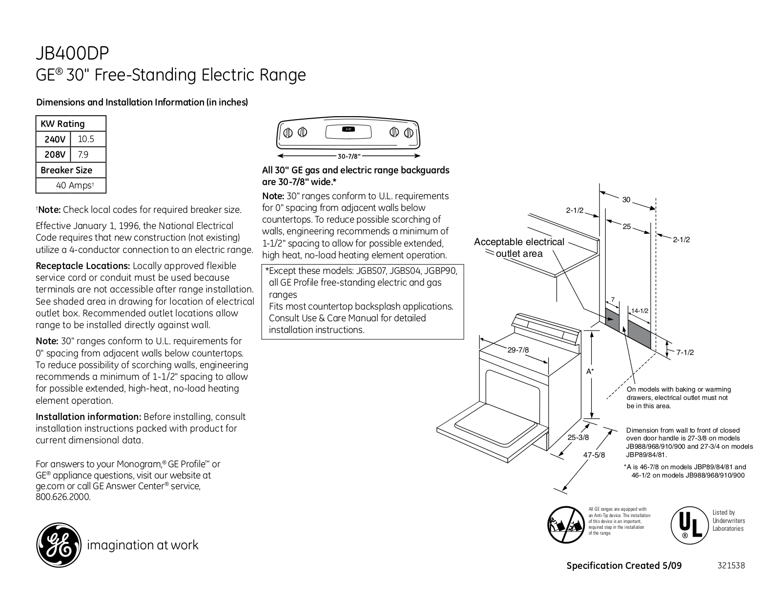 GE JB400DP, JB400DPBB, JB400DPWW User Manual