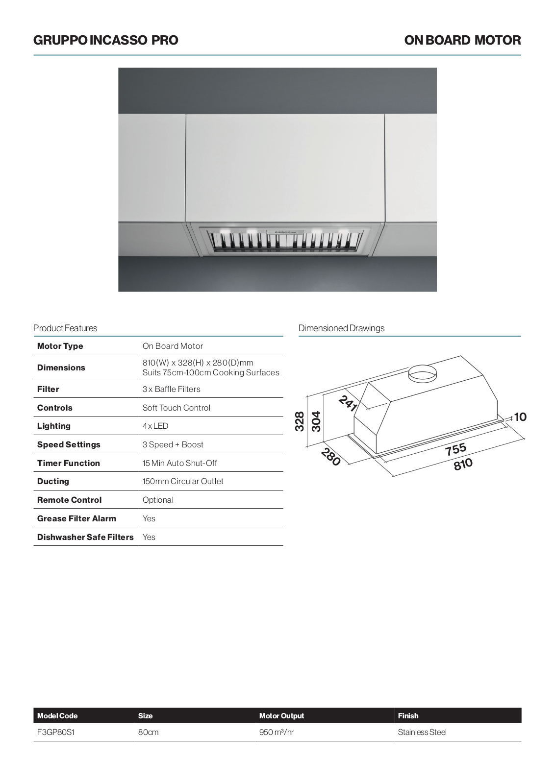 Falmec F3GP80S1 Specifications Sheet