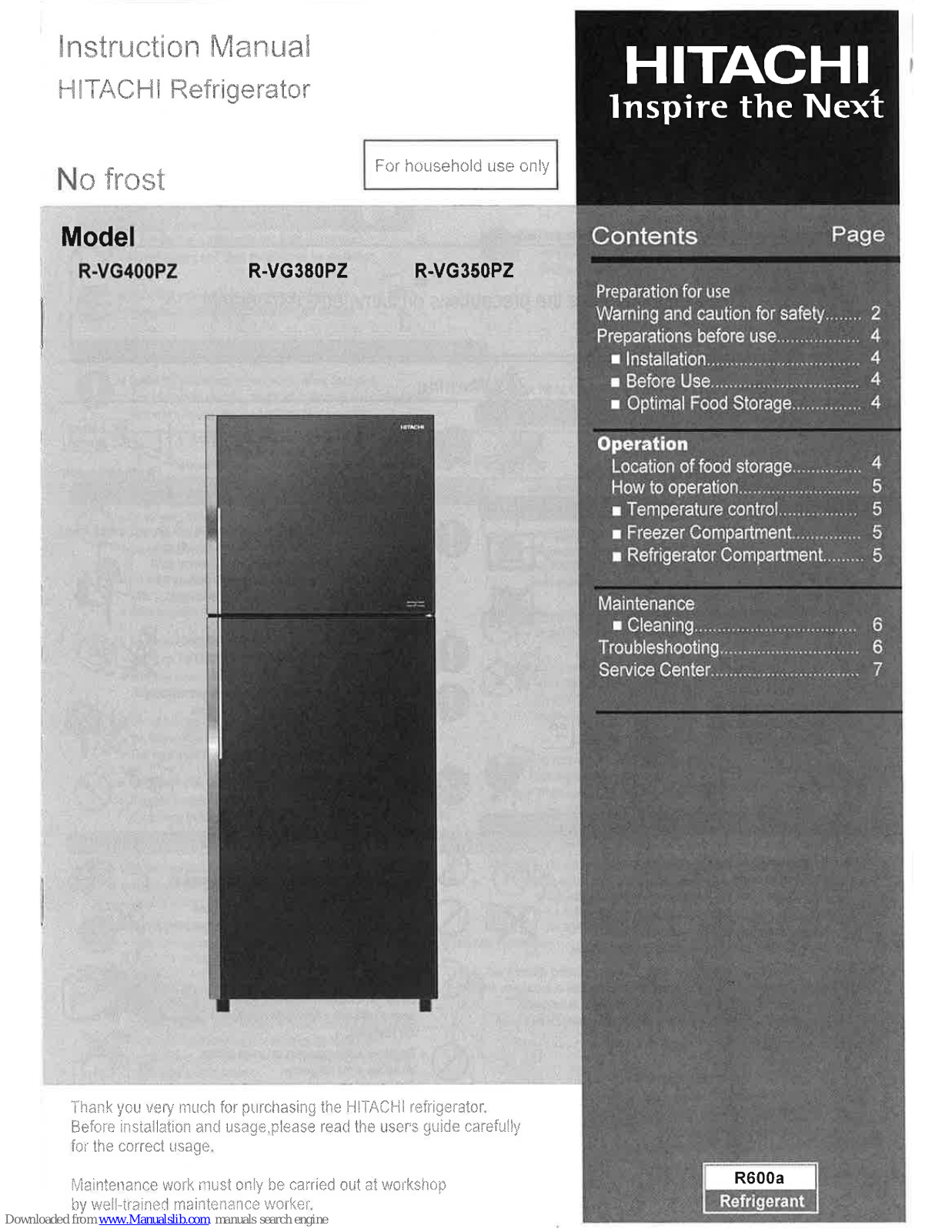 Hitachi R-VG400PZ, R-VG380PZ, R-VG350PZ Instruction Manual