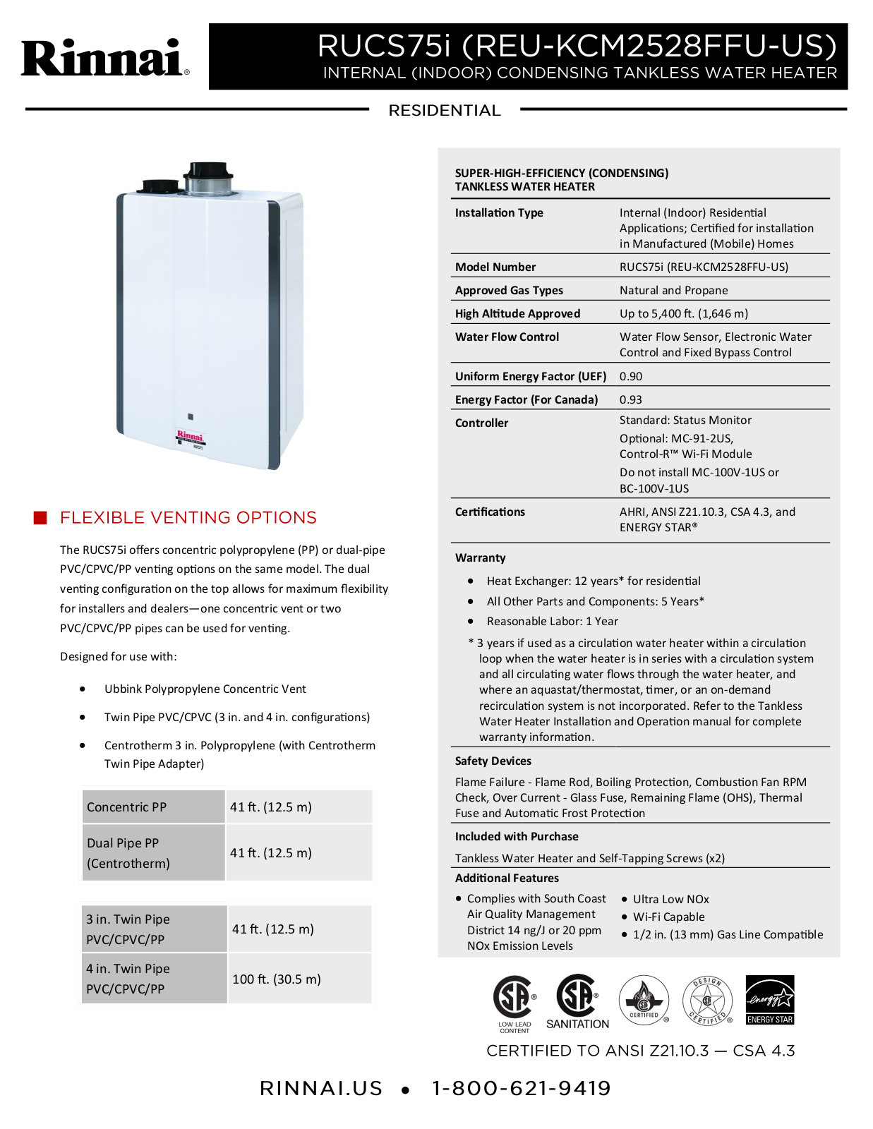 Rinnai Water Heater RUCS75iP Specifications