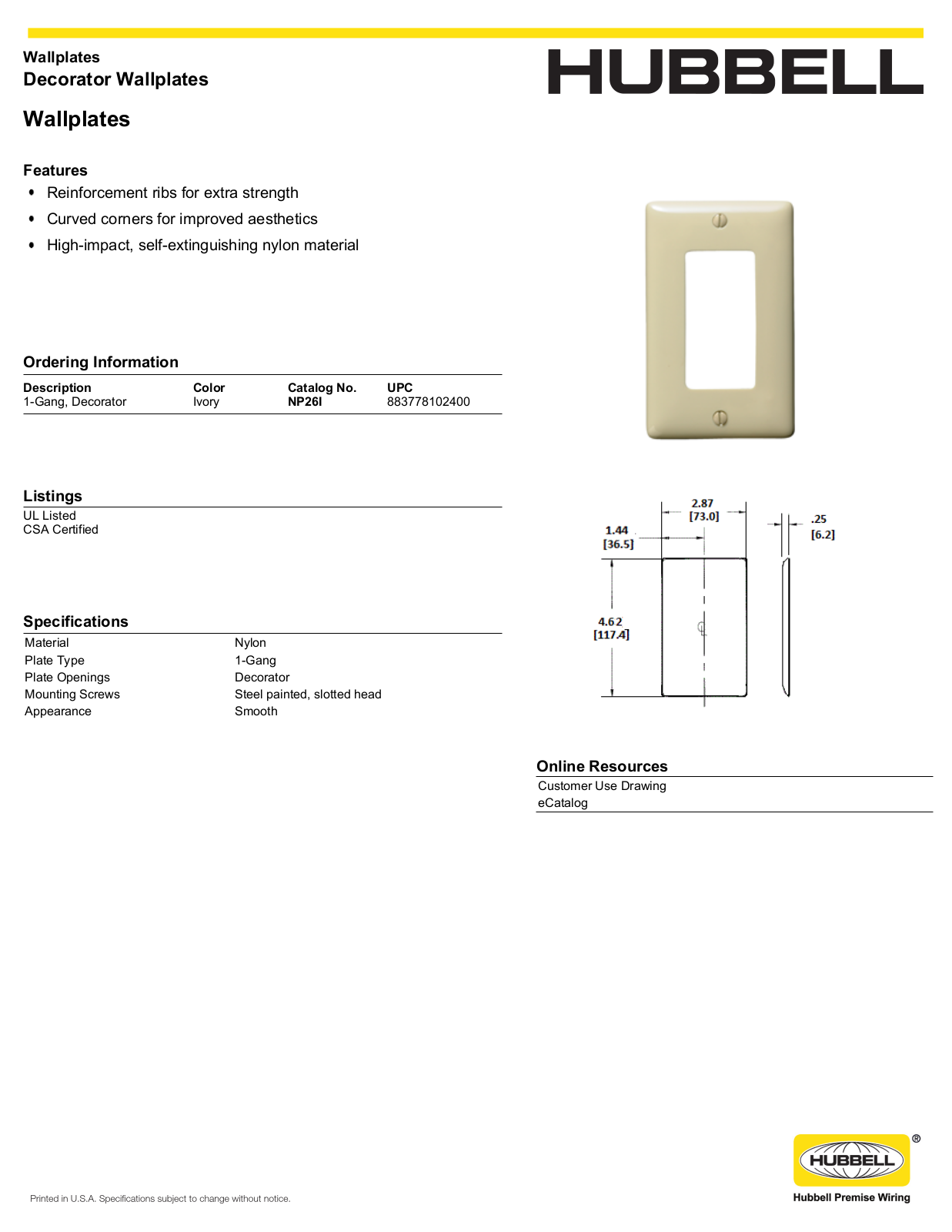 Hubbell NP26I Specifications