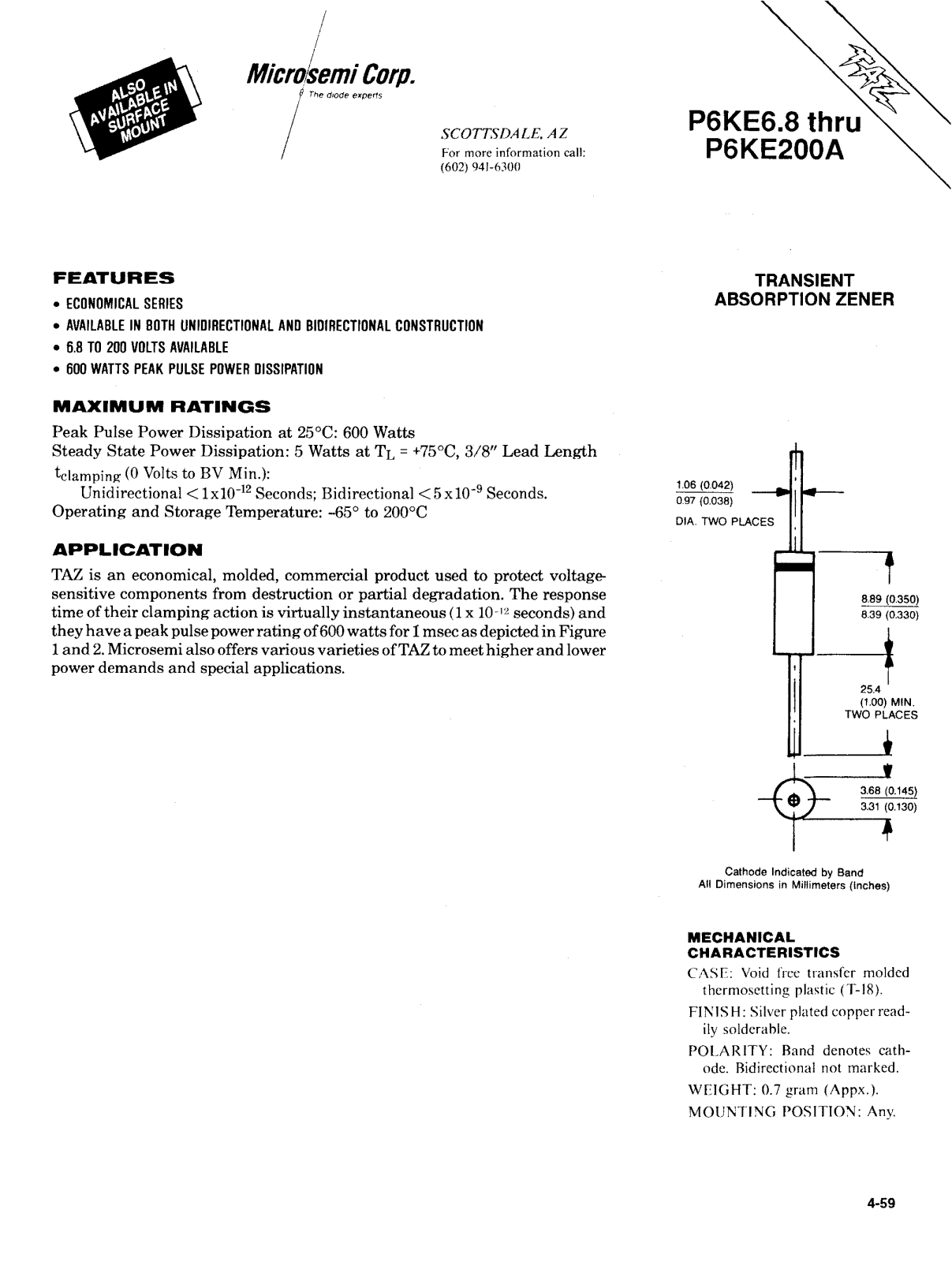 Microsemi Corporation P6KE10, P6KE110CA, P6KE11C, P6KE12, P6KE120 Datasheet