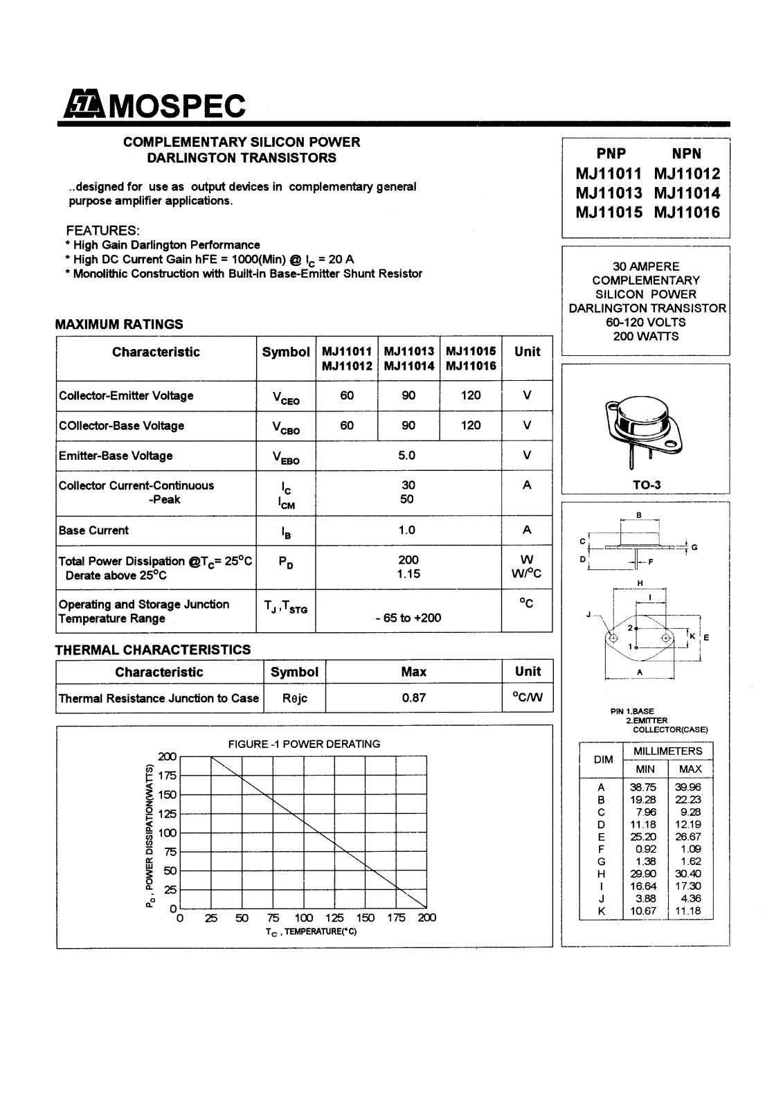 MOSPEC MJ11015, MJ11013, MJ11014, MJ11016, MJ11011 Datasheet