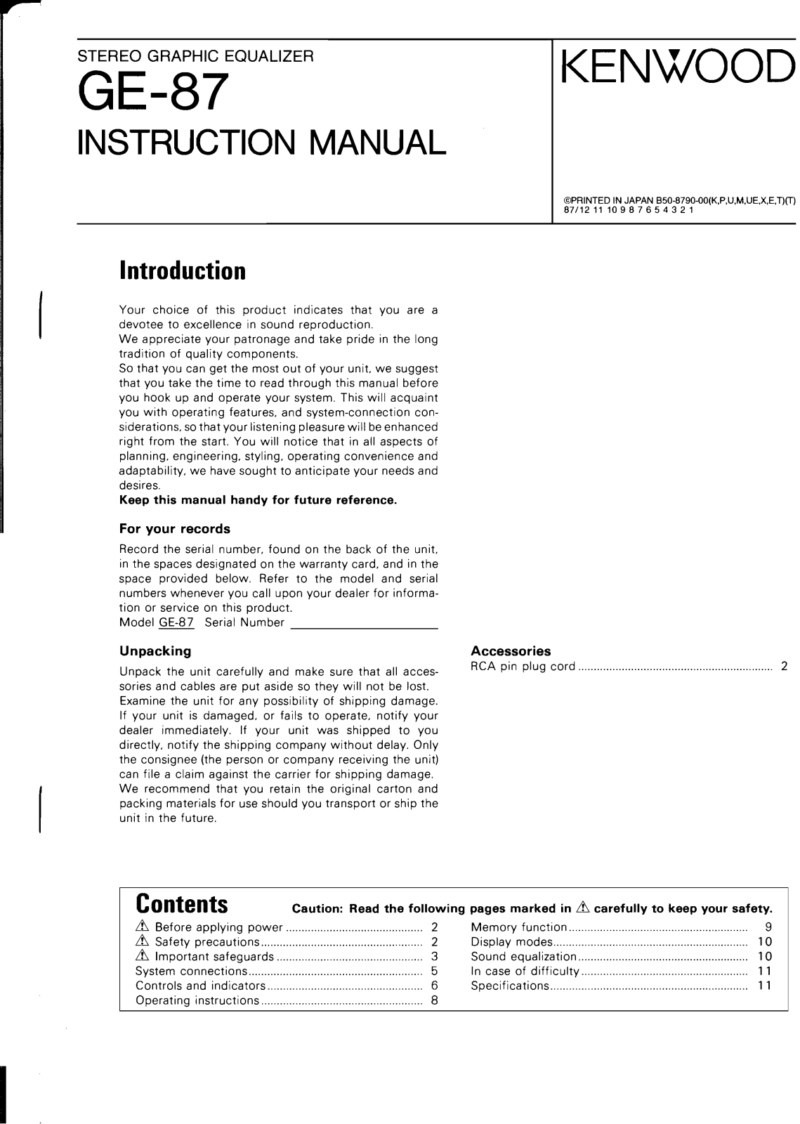 Kenwood GE-87 User Manual