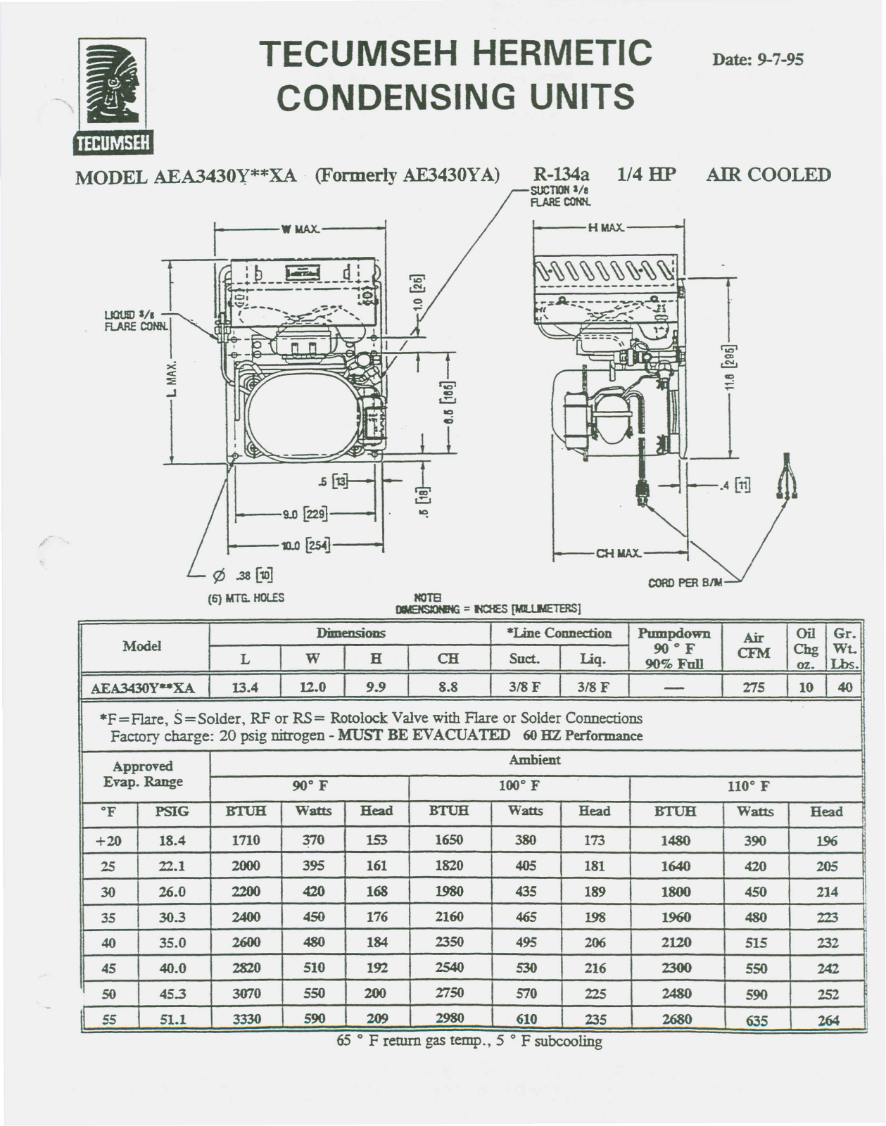 Tecumseh AEA3430YXCXA Performance Data Sheet