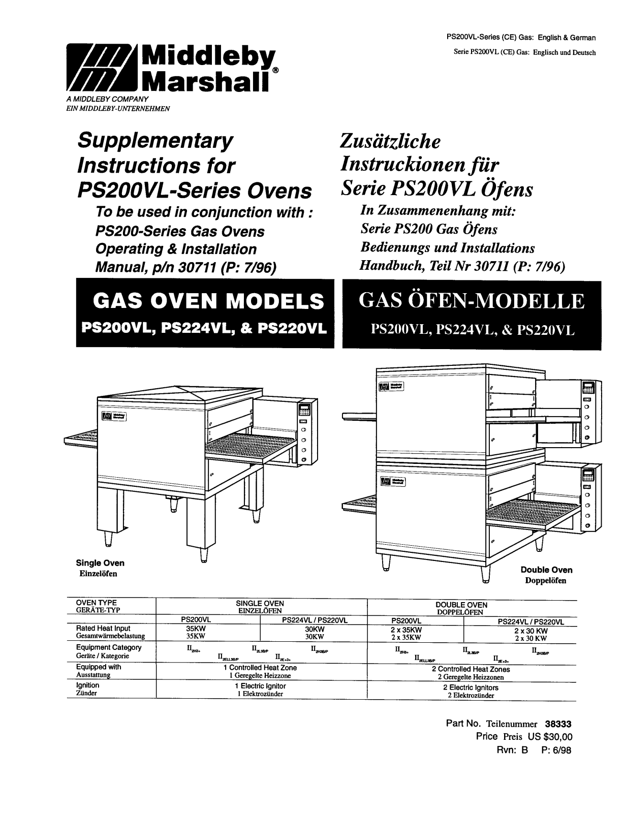 Middleby Marshall Oven PS200VL Installation Manual