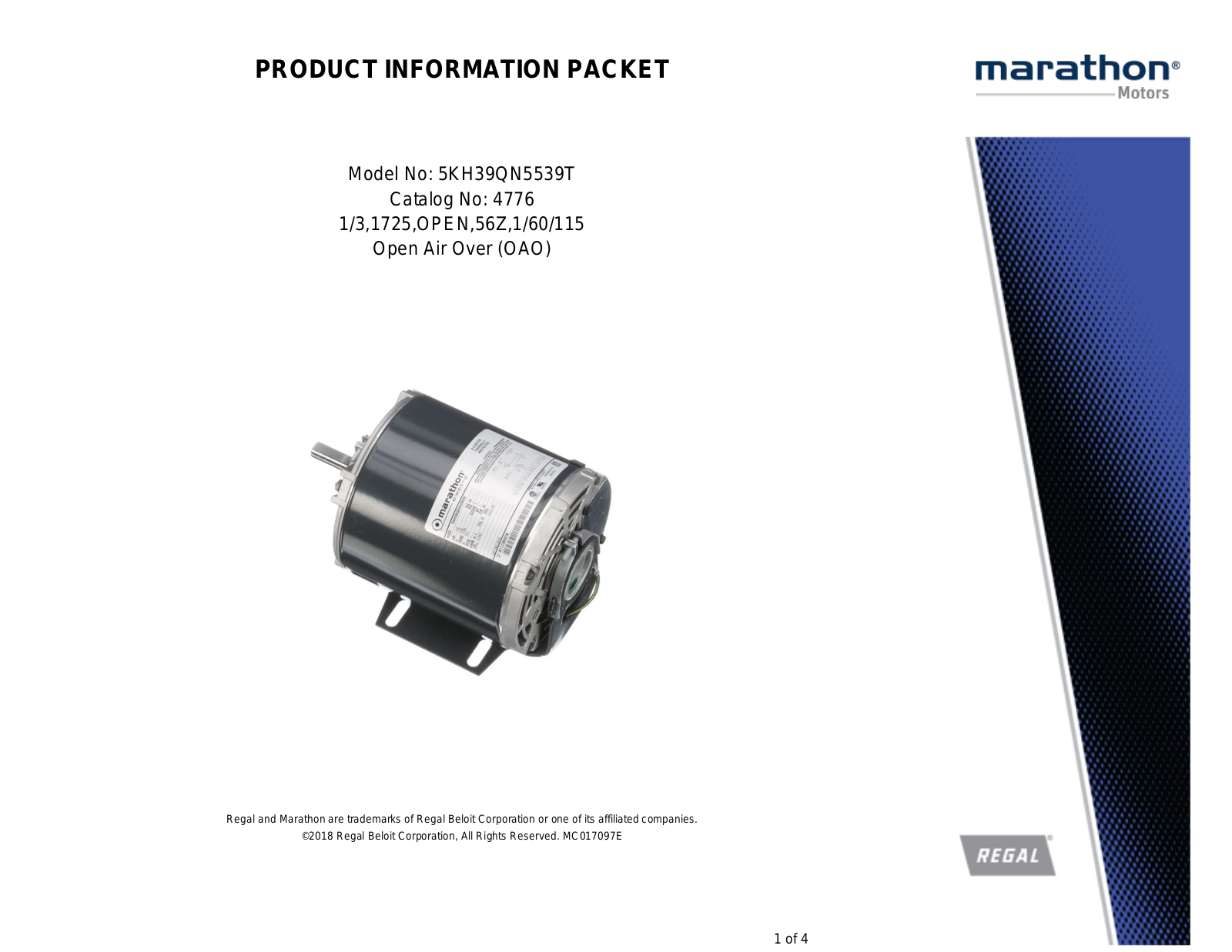 Marathon Electric 5KH39QN5539T Product Information Packet