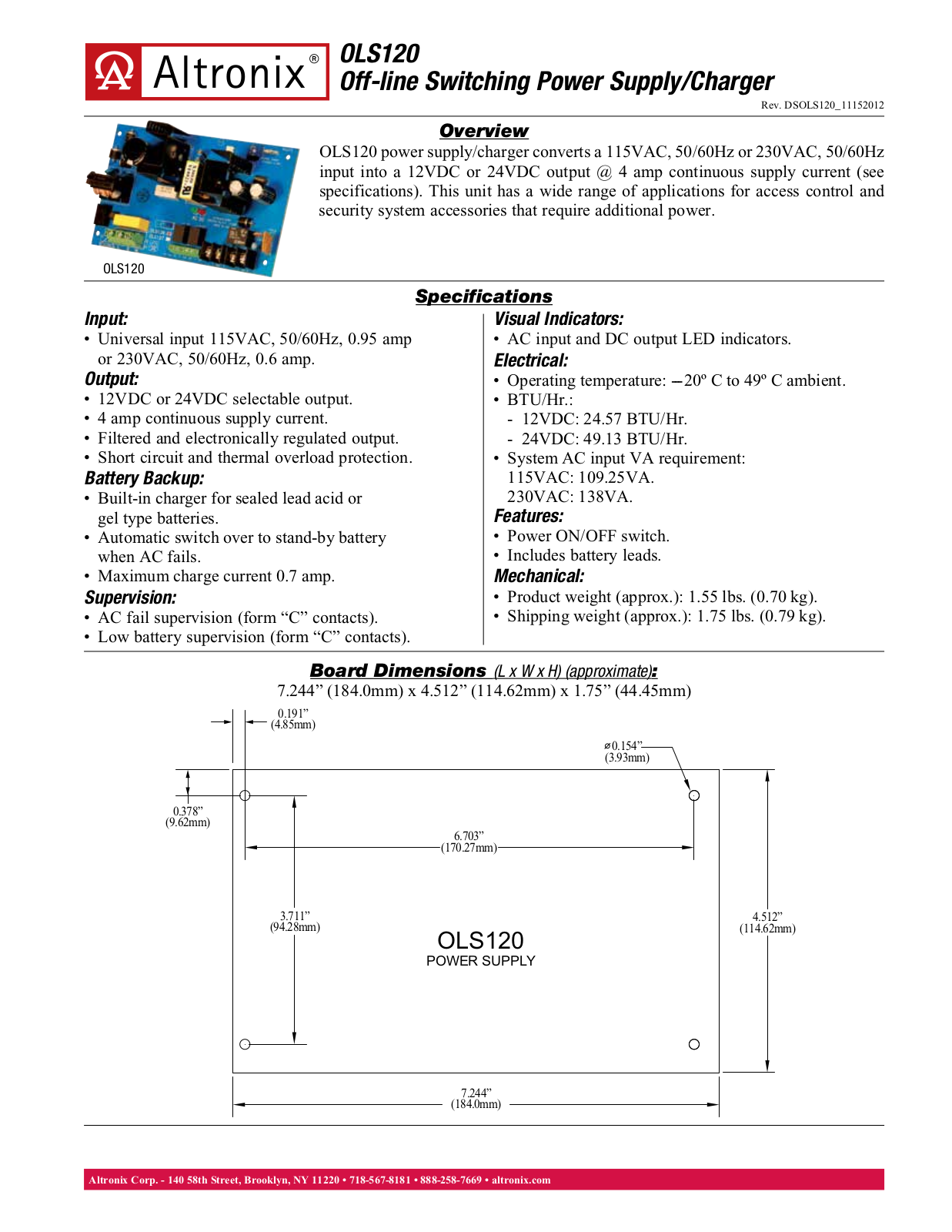 Altronix OLS120 Data Sheet