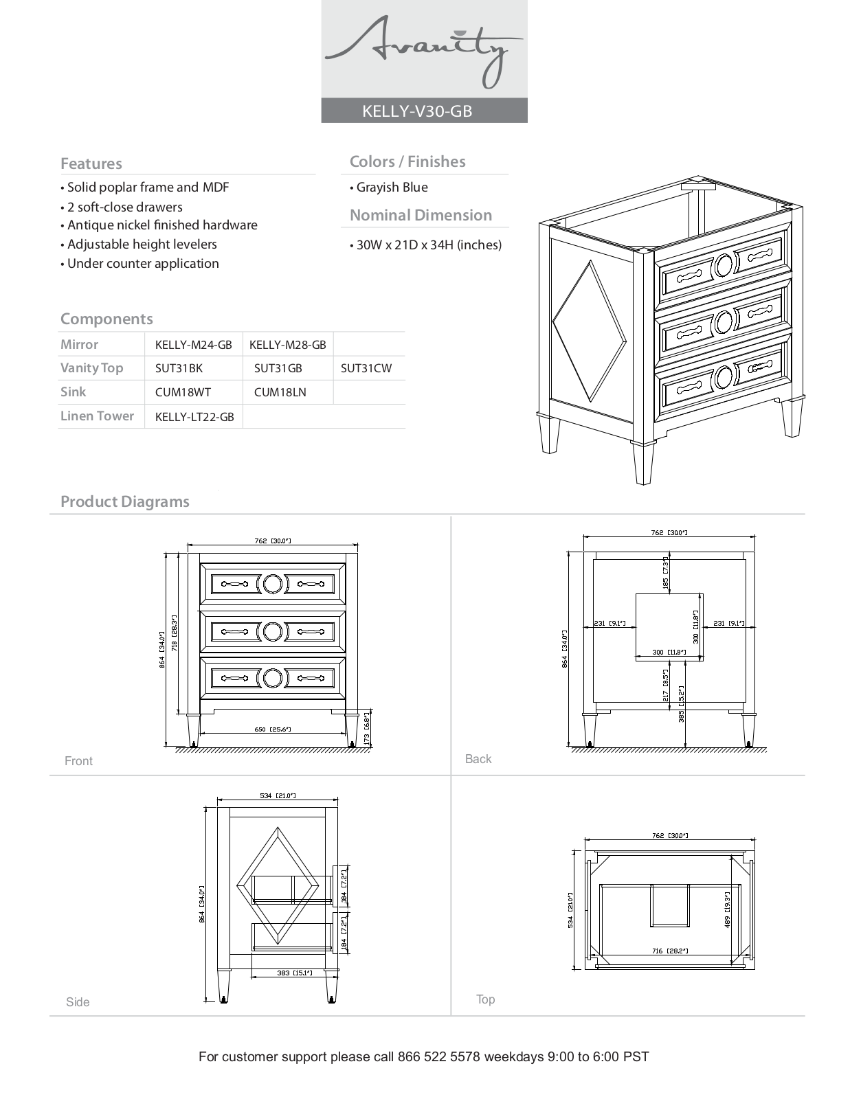 Avanity KELLYV30GB Specifications - ManualMachine.com