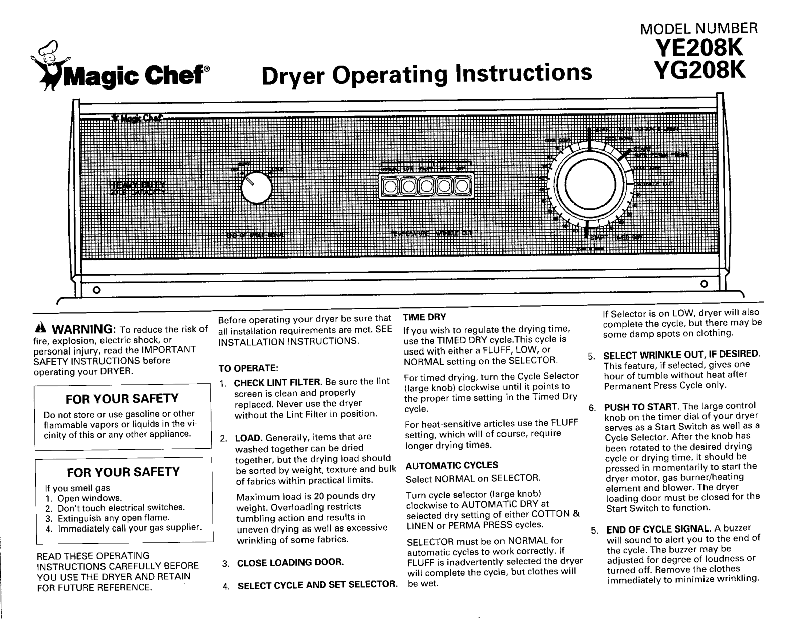 Magic Chef YE208KA, YE208KV, YG208KA, YG208KV Owner's Manual