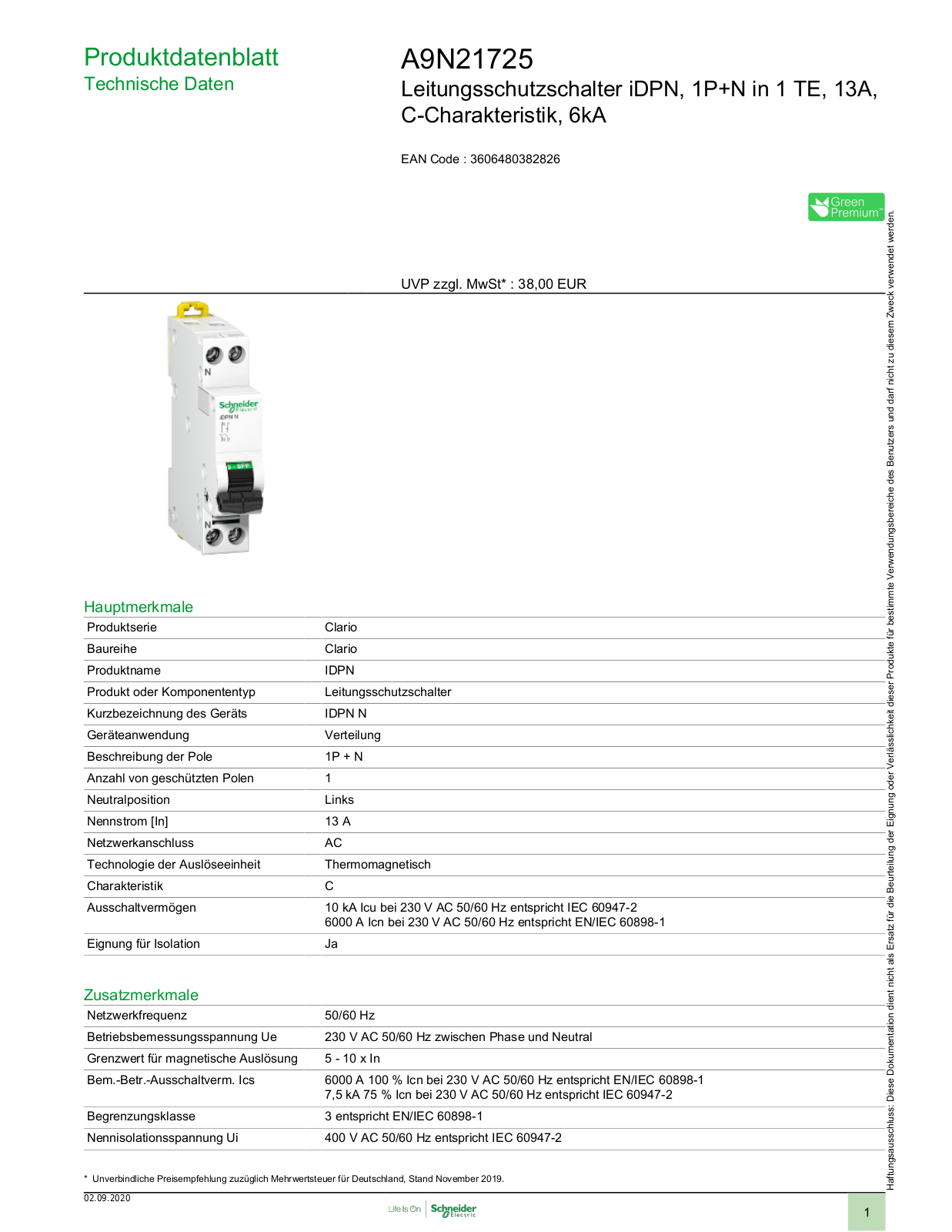 Schneider Electric A9N21725 Technische Daten