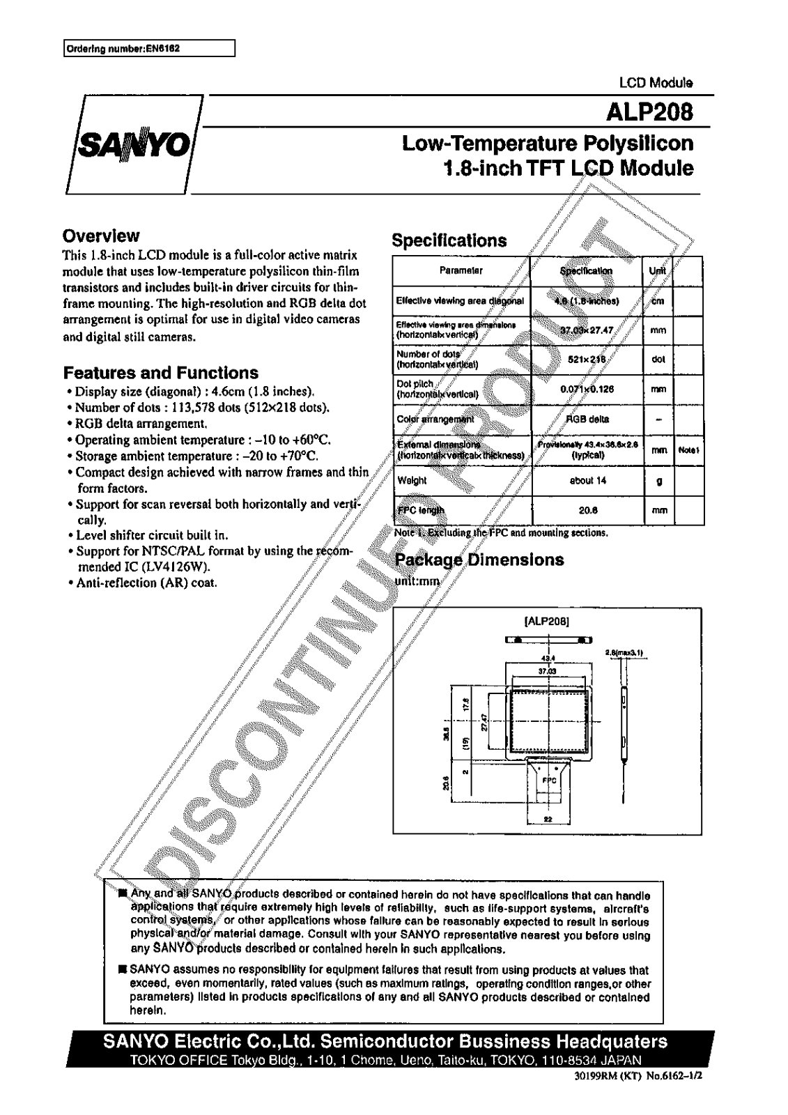 Sanyo ALP208 Specifications