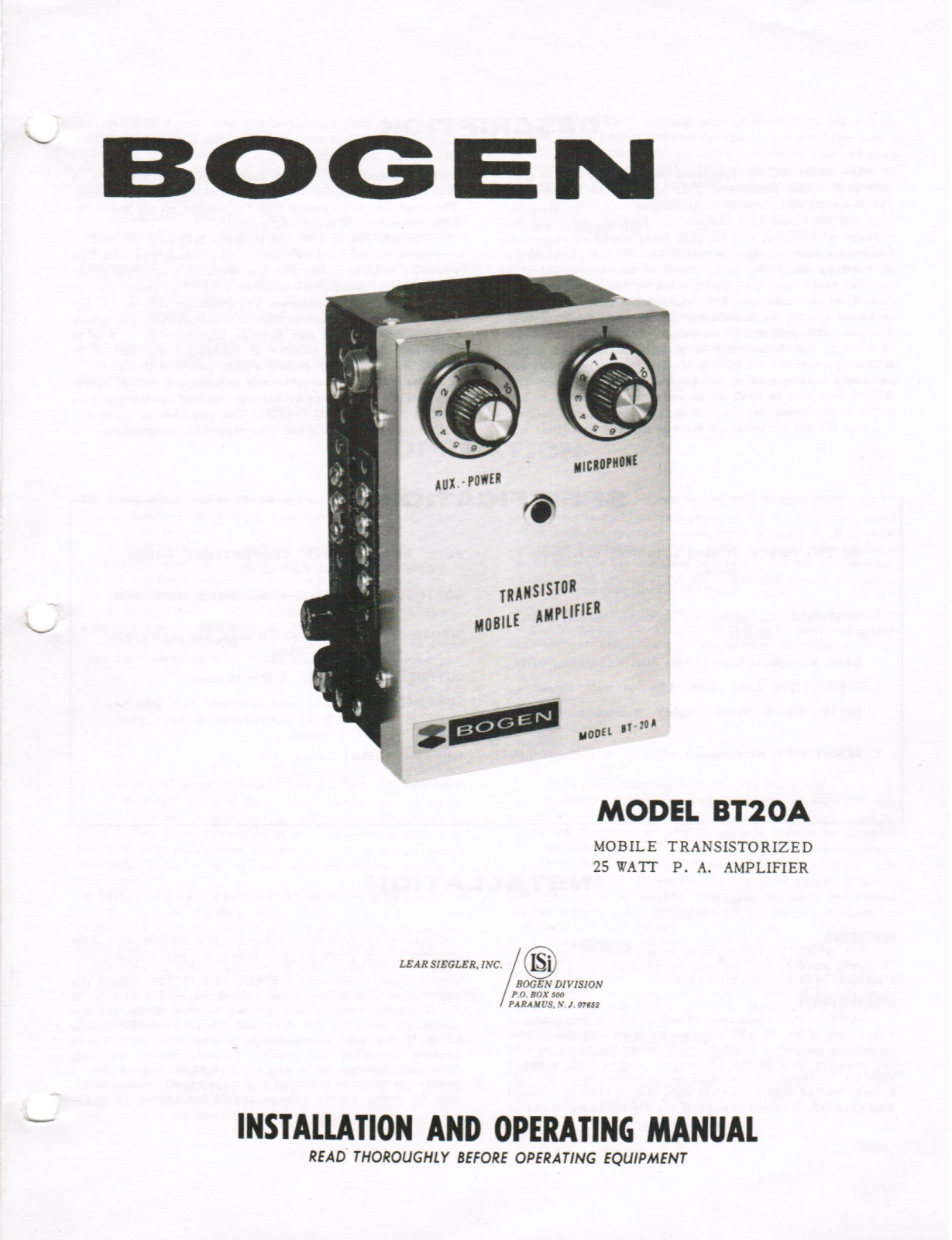 Bogen BT20A Service Manual