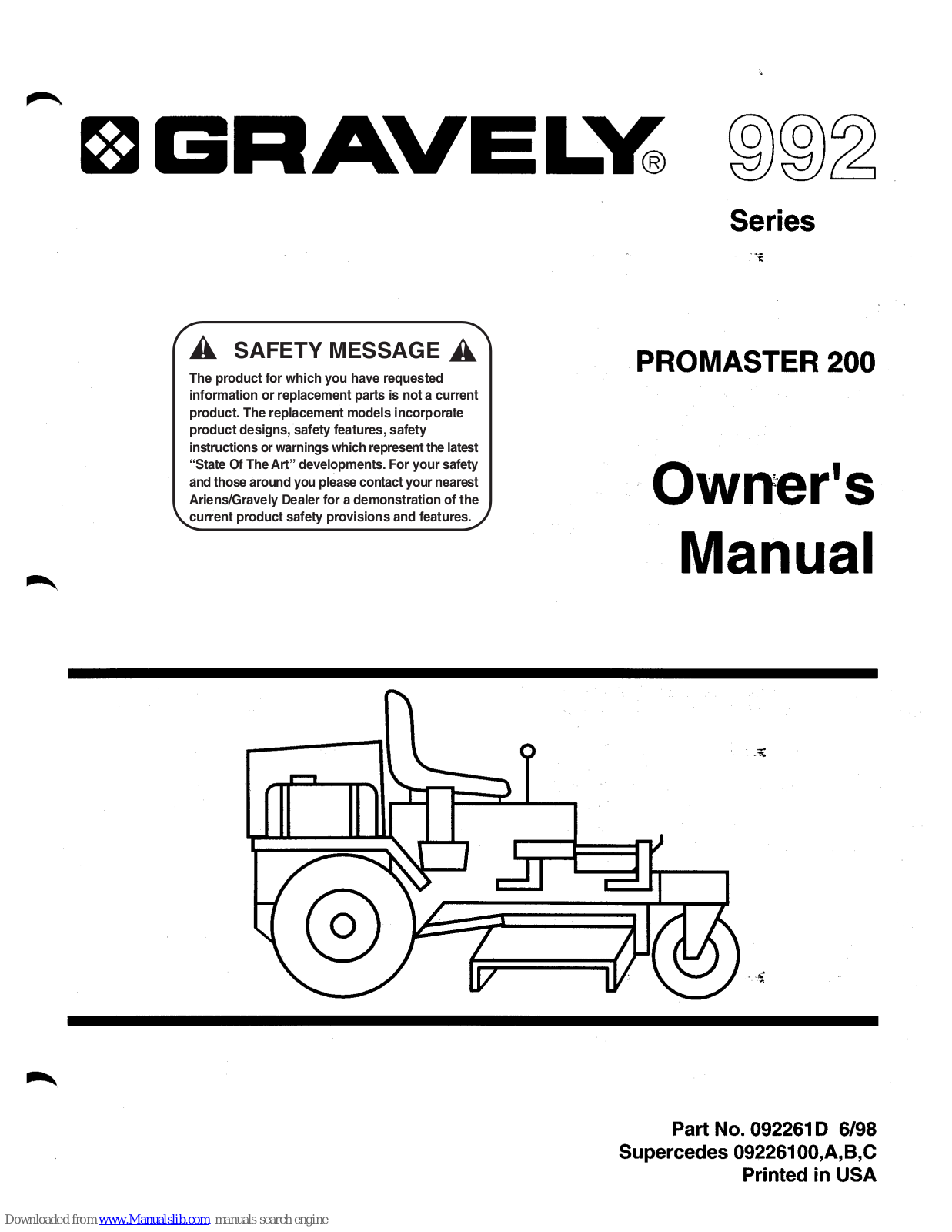 Gravely Promaster 200, 992007, 992008, 992009, 992010 Owner's Manual