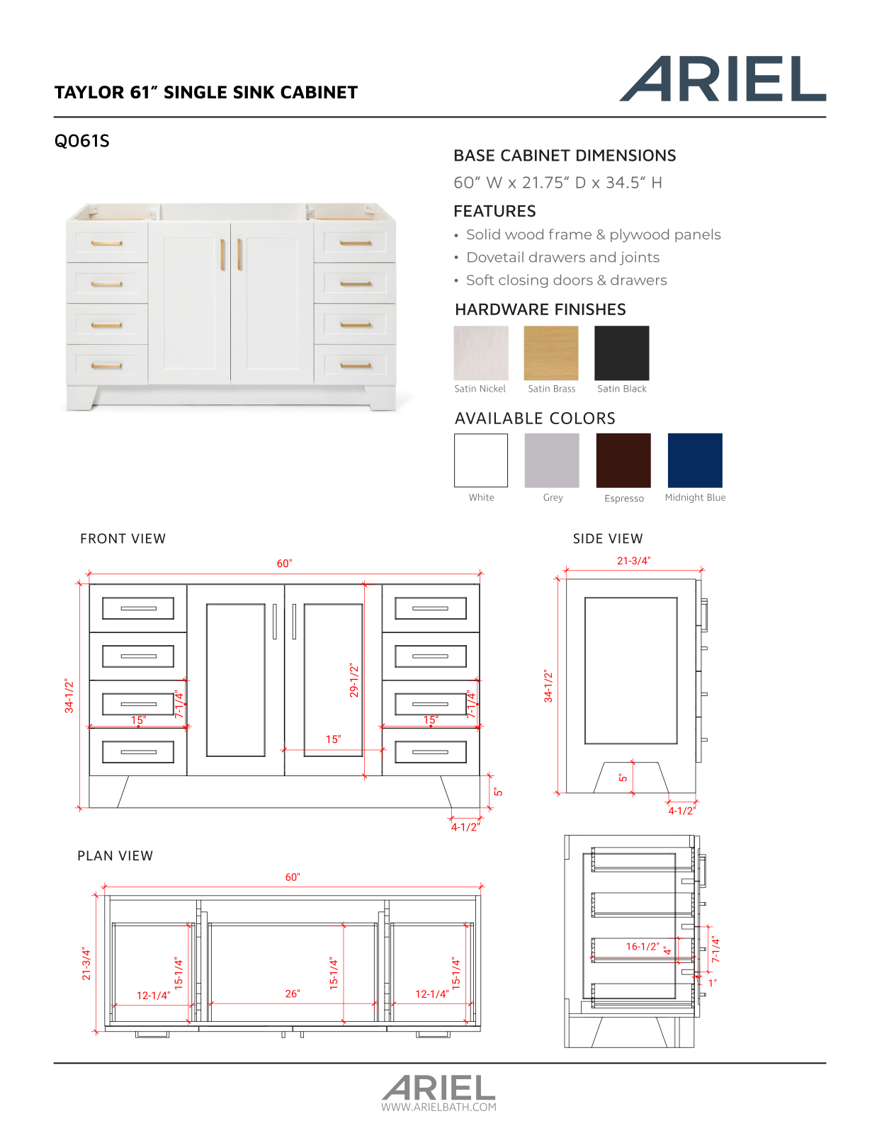 Ariel Bath ZZB10165 Specification - ManualMachine.com